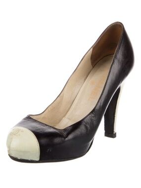 CHANEL Black Leather Heels with Ivory Cap-Toes
